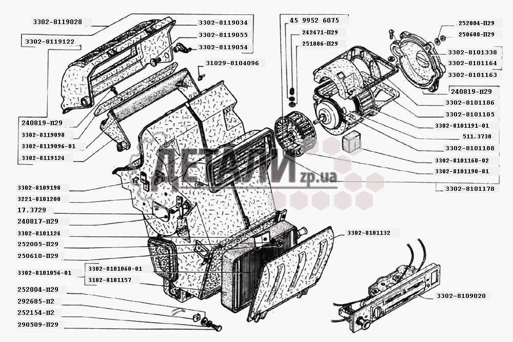 Корпус и верхняя крышка отопителя, радиатор отопителя, электродвигатель с роторами, привод вентиляции и отопления (для автомобилей до 2003 года) (118)